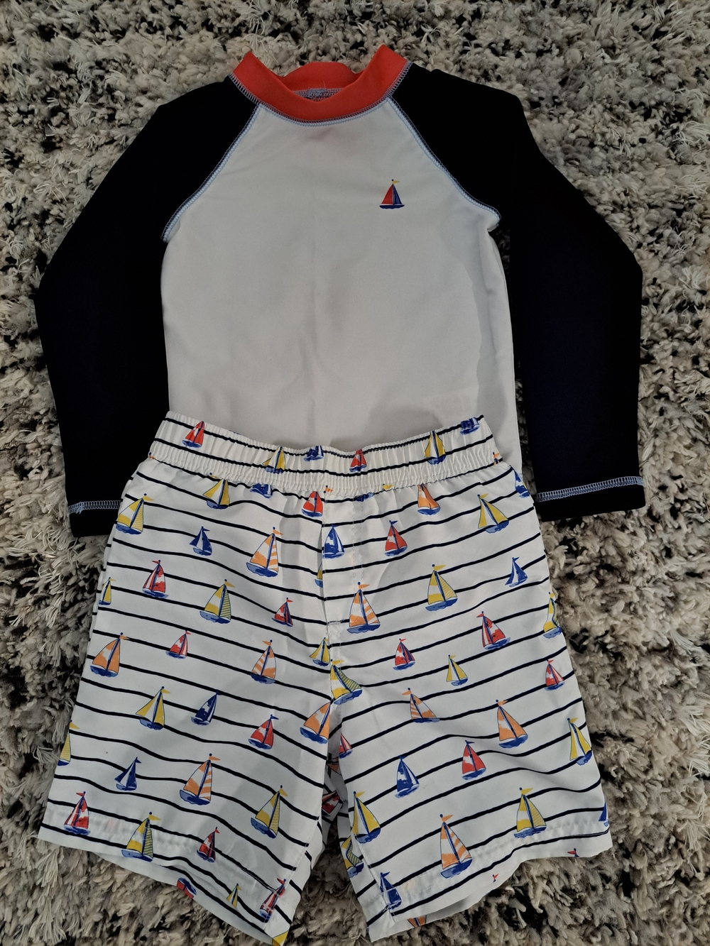 Little Me White & Navy Rashguard Swim Set with Red Trim and Sailboat Print